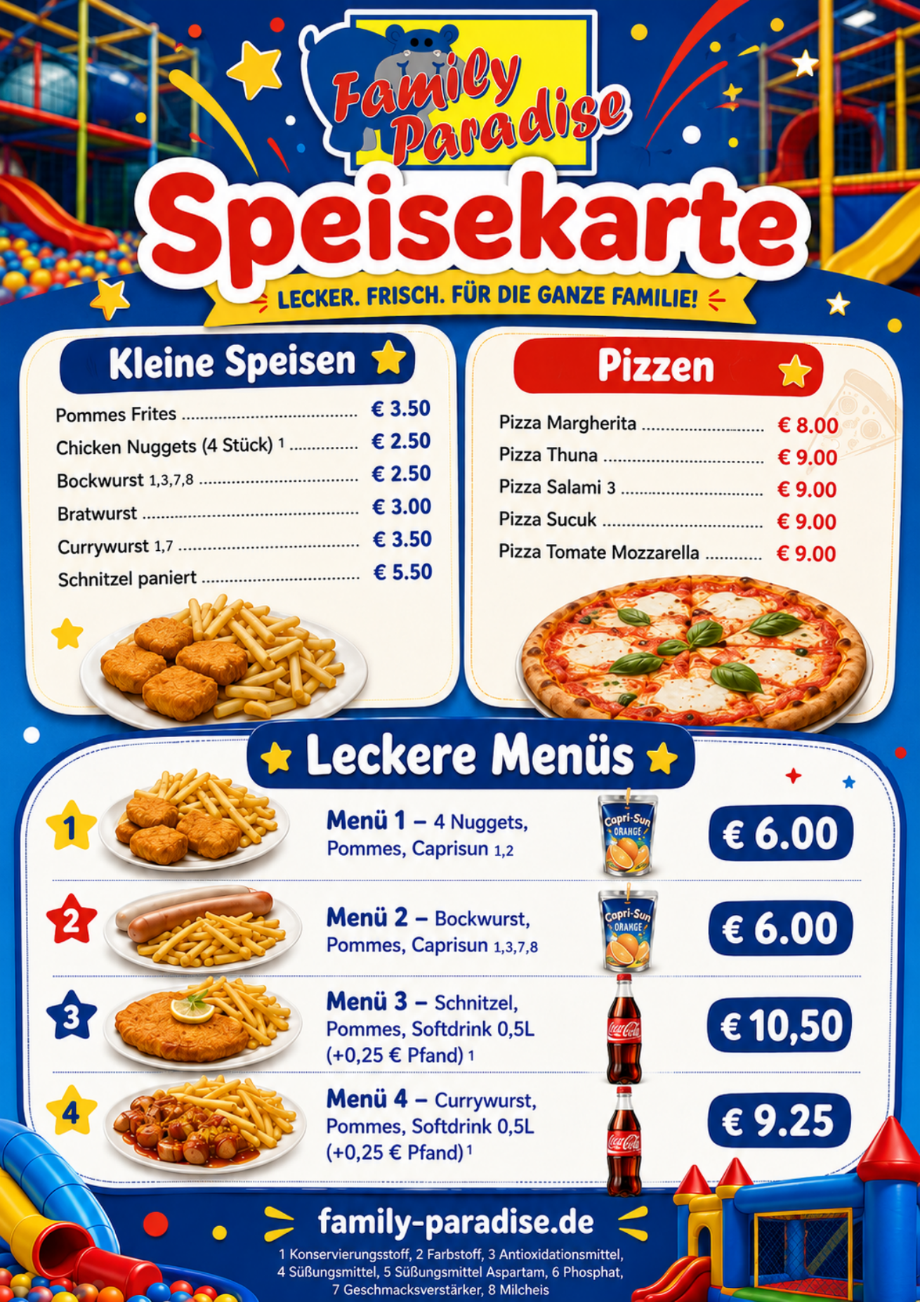 Original-Speisekarte Seite 1 mit Speisen, Pizza und Menüs