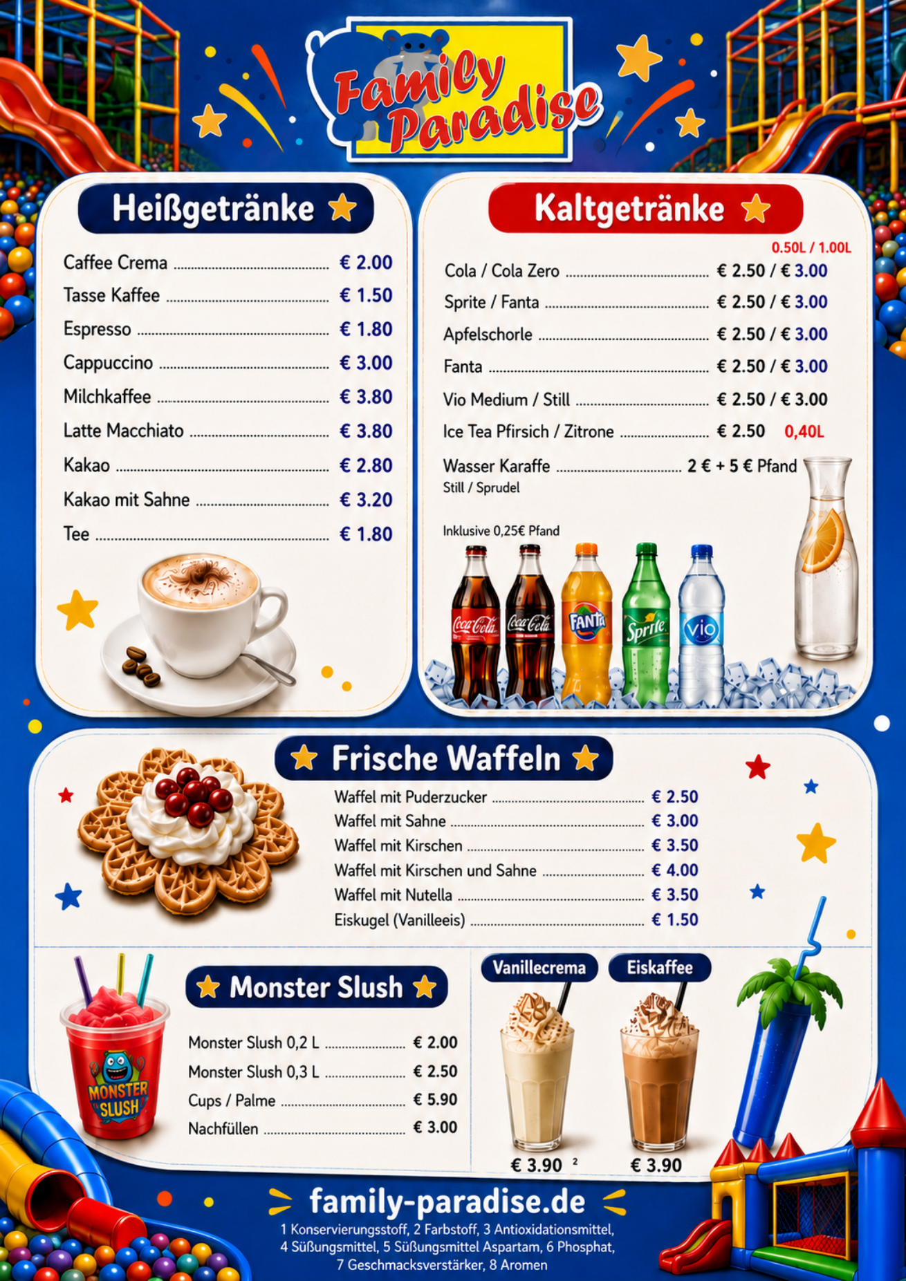 Original-Speisekarte Seite 2 mit Getränken, Waffeln und Slush